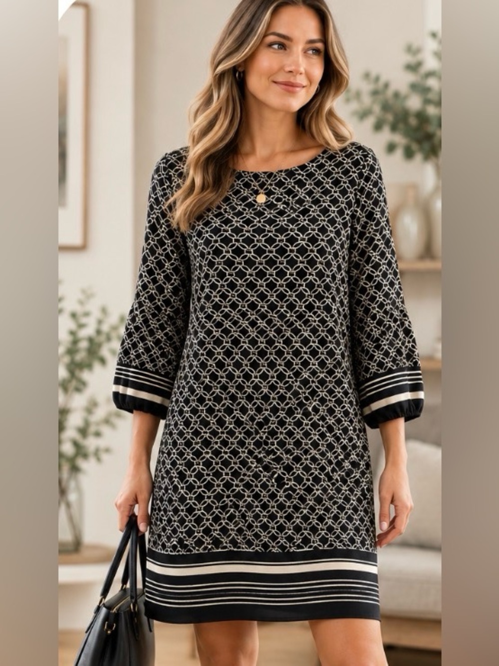 H&M Black & Cream Geometric Shift Dress Size 4